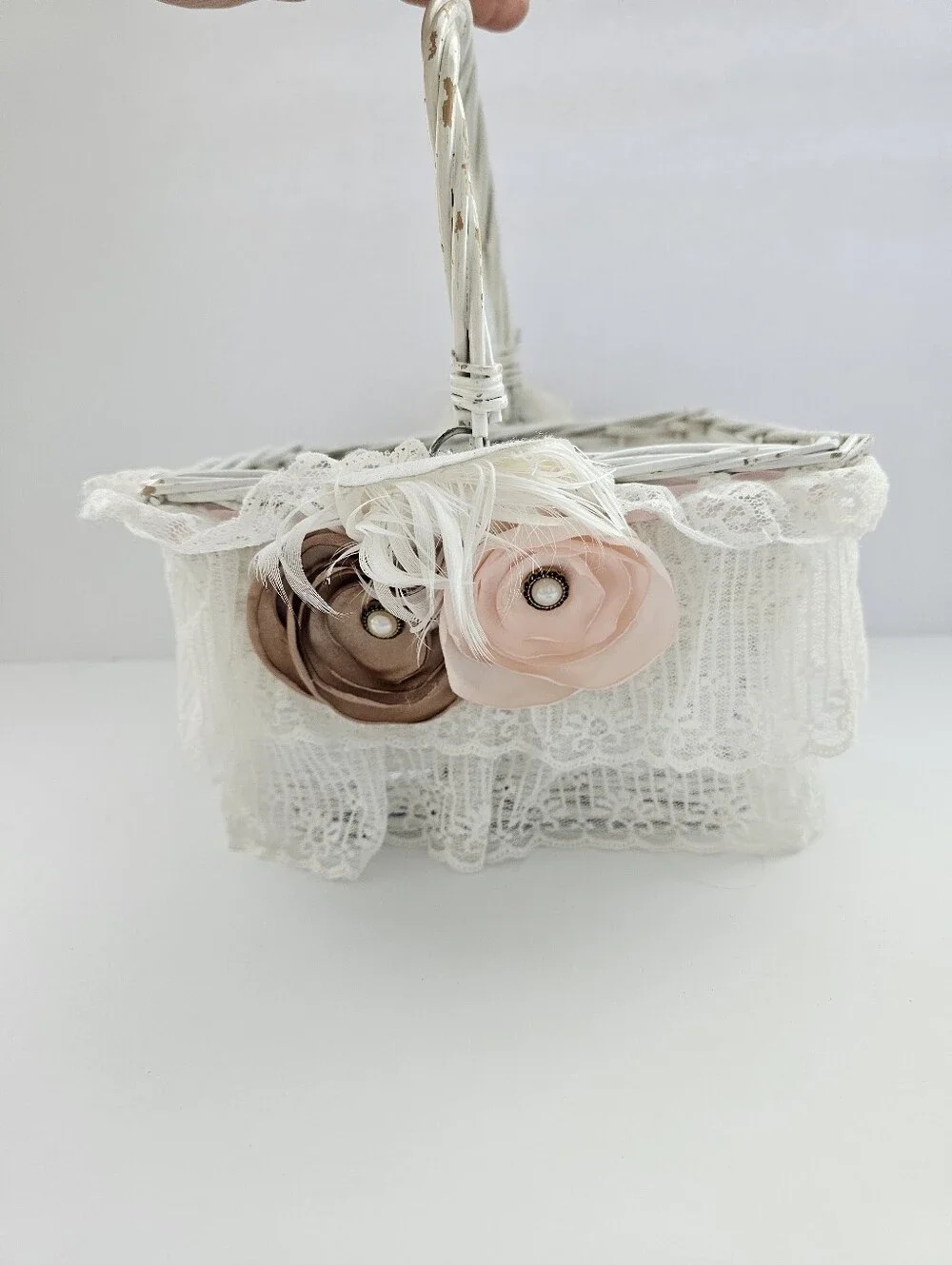Vintage Shabby Chic Flower Girl Basket Lace Ostrich Feather Cottagecore